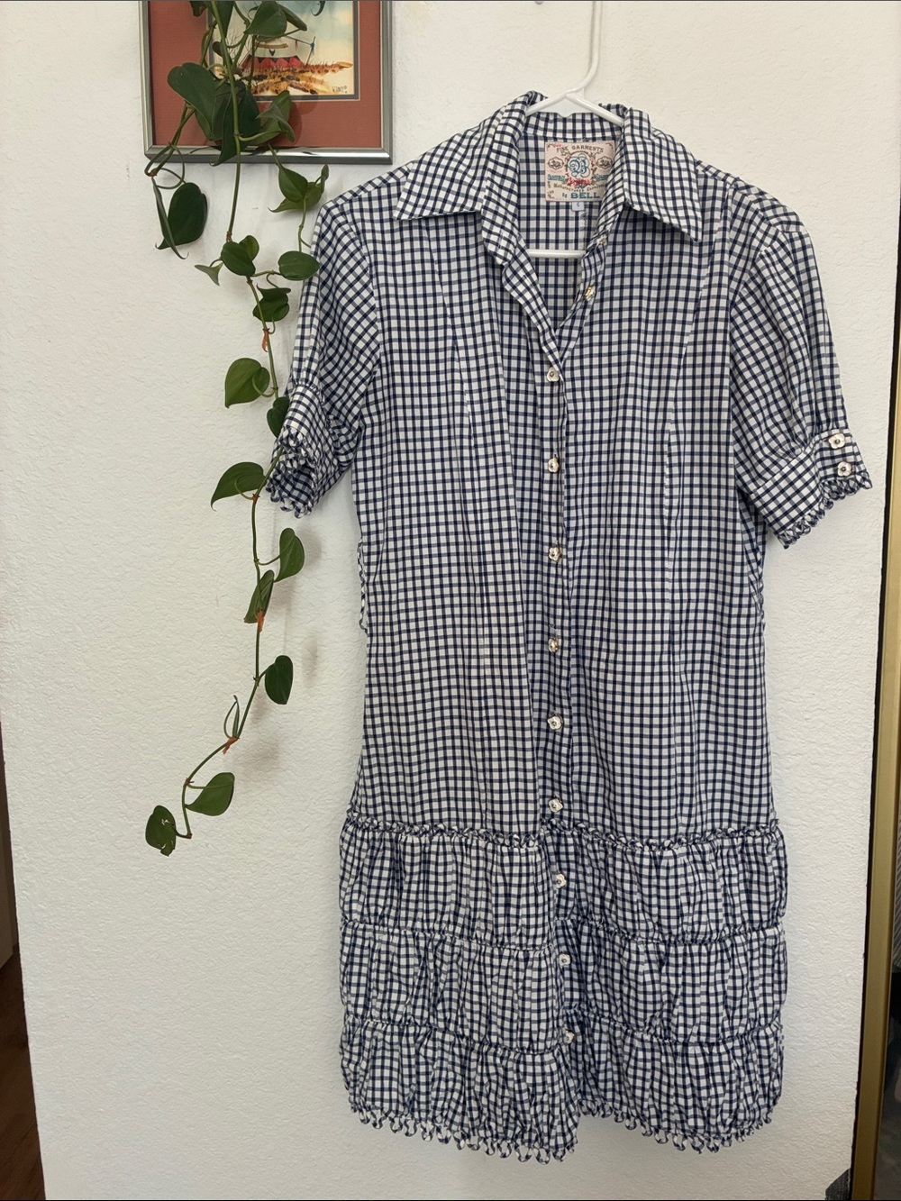 Blue & White Gingham Button-Down Tiered Dress